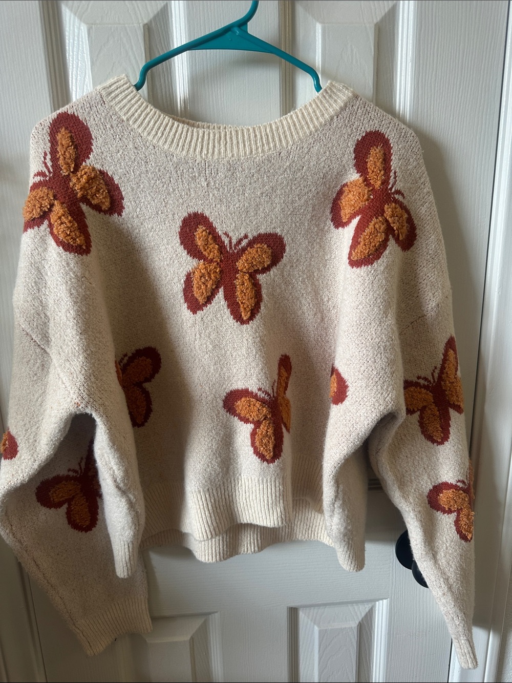 Cream Crewneck Sweater with Rust & Mustard Butterfly Motif